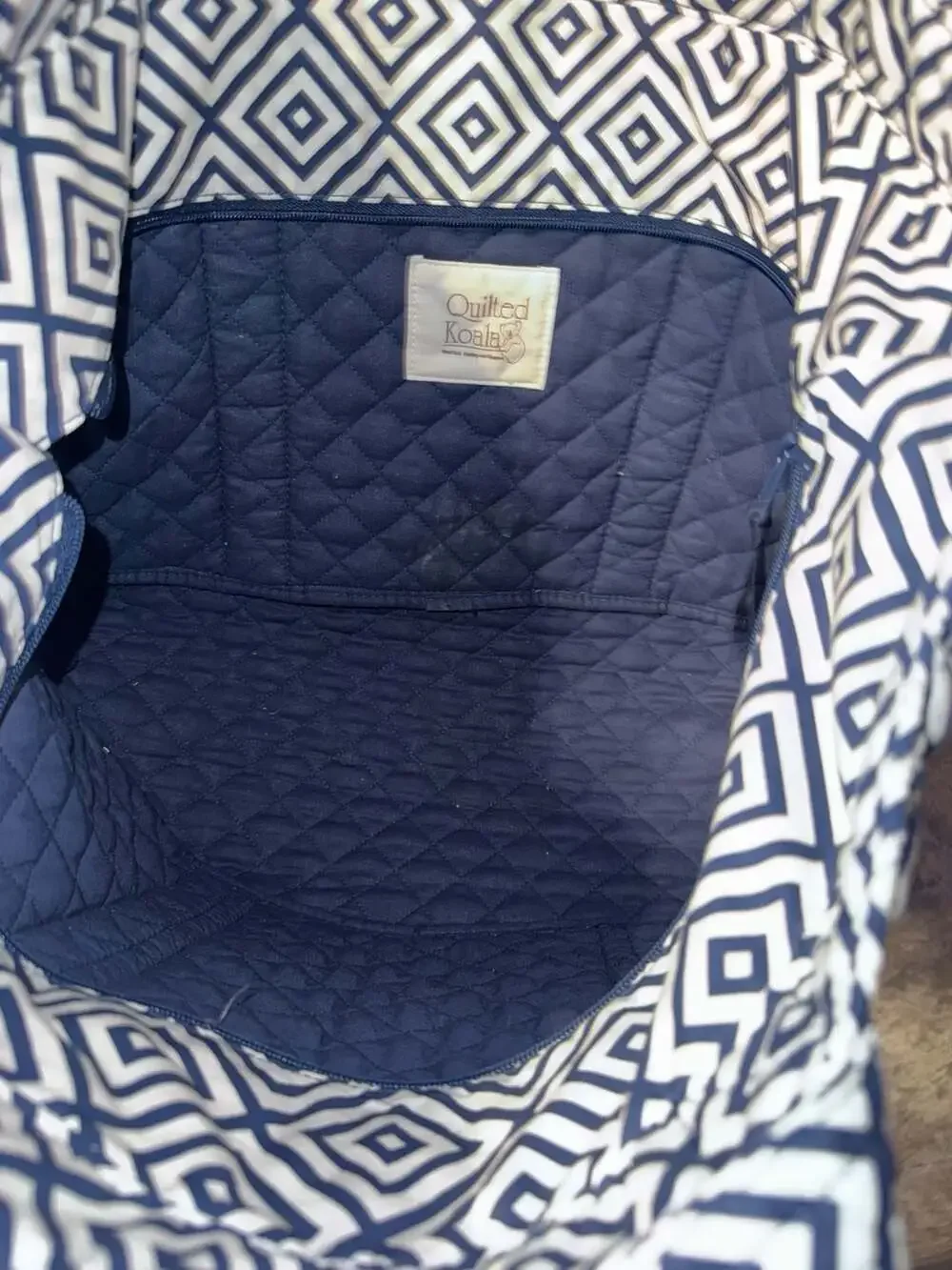 Quilted Koala Navy and White Geometric Print Quilted Tote Bag